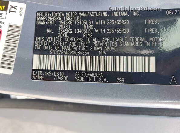 5TDYZRAH5MS084854 2021 TOYOTA HIGHLANDER Blue Панорамний вид салону 360°