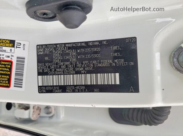 5TDYZRAH9LS023988 2020 TOYOTA HIGHLANDER White VIN sticker view