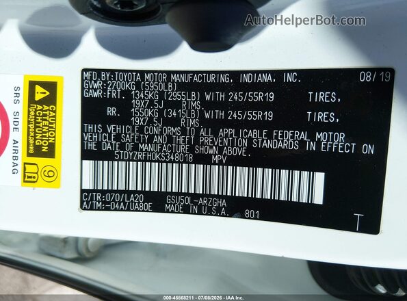 5TDYZRFH0KS348018 2019 TOYOTA HIGHLANDER White Vista del compartimento del motor