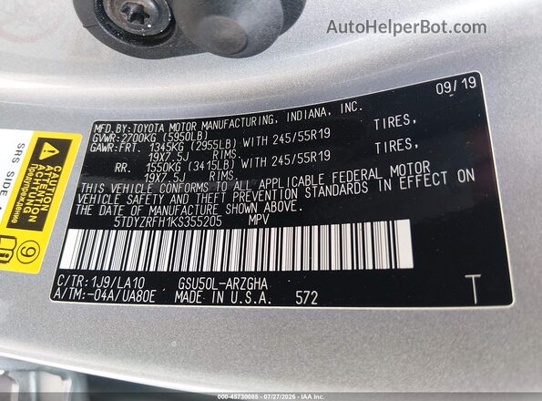 5TDYZRFH1KS355205 2019 TOYOTA HIGHLANDER Gray Vista del compartimento del motor