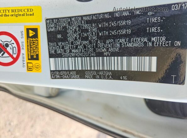 5TDYZRFH2HS207346 2017 TOYOTA HIGHLANDER White VIN sticker view