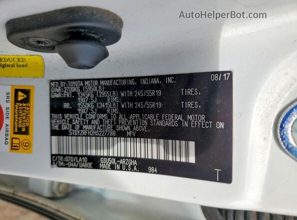 5TDYZRFH2HS227788 2017 TOYOTA HIGHLANDER White 360 interior view