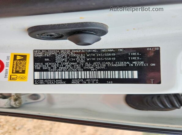 5TDYZRFH2JS266189 2018 TOYOTA HIGHLANDER White 360 interior view