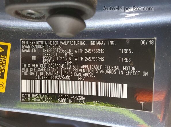 5TDYZRFH3JS275466 2018 TOYOTA HIGHLANDER Blue Widok naklejki z numerem VIN