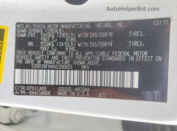 5TDYZRFH4HS206893 2017 TOYOTA HIGHLANDER White VIN sticker view