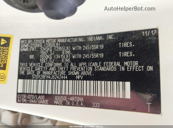5TDYZRFH4JS242444 2018 TOYOTA HIGHLANDER White Вид підкапотного простору