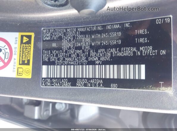5TDYZRFH4KS317127 2019 TOYOTA HIGHLANDER Серый Вид подкапотного пространства