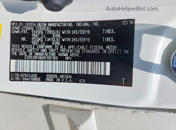 5TDYZRFH6HS192169 2017 TOYOTA HIGHLANDER White Widok wnętrza 360 stopni