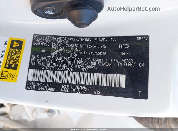 5TDYZRFH9HS228940 2017 TOYOTA HIGHLANDER White Շարժիչի բաժամունքի տեսք