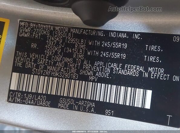 5TDYZRFH9KS290183 2019 TOYOTA HIGHLANDER Silver Widok komory silnika