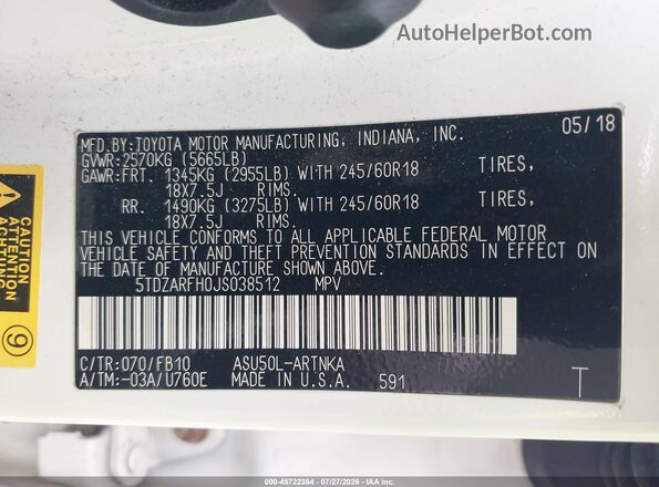 5TDZARFH0JS038512 2018 TOYOTA HIGHLANDER White Widok komory silnika