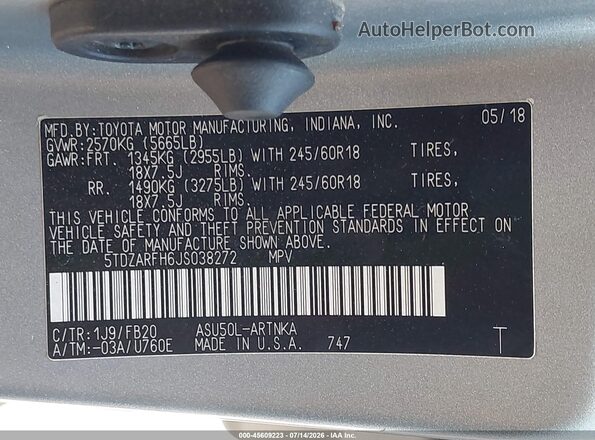 5TDZARFH6JS038272 2018 TOYOTA HIGHLANDER Silver Vista del compartimento del motor