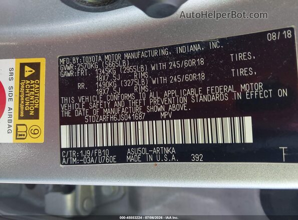 5TDZARFH6JS041687 2018 TOYOTA HIGHLANDER Silver Vista del compartimento del motor