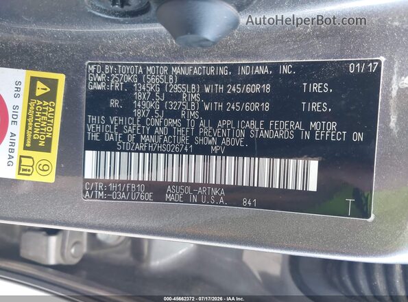 5TDZARFH7HS026741 2017 TOYOTA HIGHLANDER Gray Вид підкапотного простору
