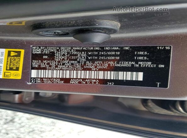 5TDZARFH8HS024397 2017 TOYOTA HIGHLANDER Gray VIN կոդի պիտակի տեսք