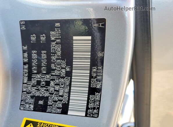 5TDZKRFH8GS148052 2016 TOYOTA HIGHLANDER Silver Widok naklejki z numerem VIN