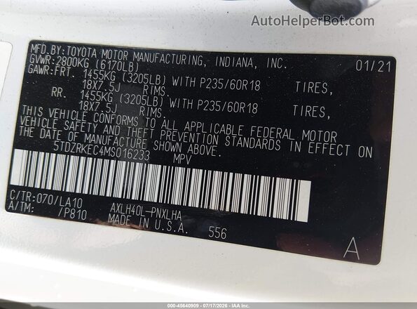 5TDZRKEC4MS016233 2021 TOYOTA SIENNA White Engine compartment view