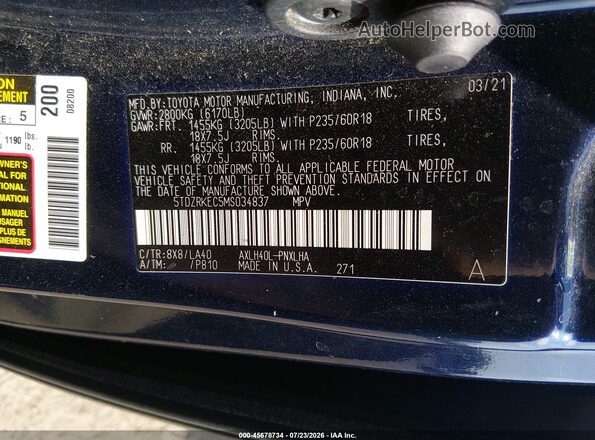 5TDZRKEC5MS034837 2021 TOYOTA SIENNA Blue ძრავის განყოფილების ხედი