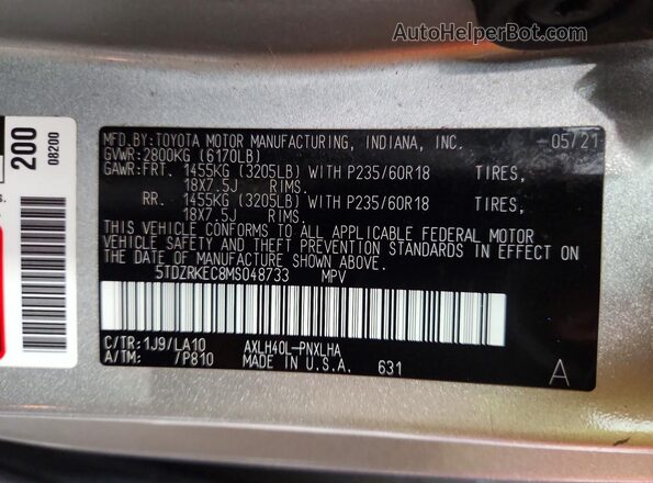 5TDZRKEC8MS048733 2021 TOYOTA SIENNA Silver Vista de la etiqueta del VIN