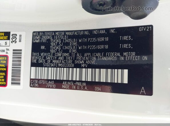 5TDZSKFC1MS033008 2021 TOYOTA SIENNA White Շարժիչի բաժամունքի տեսք