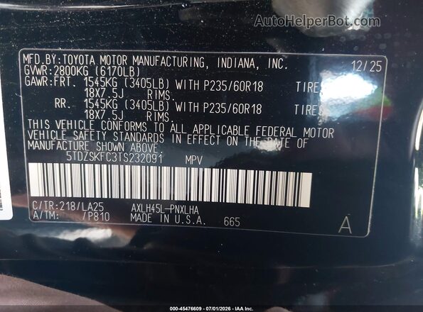 5TDZSKFC3TS232091 2026 TOYOTA SIENNA Black Vista del compartimento del motor