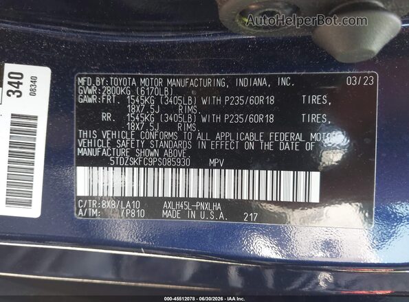 5TDZSKFC9PS085930 2023 TOYOTA SIENNA Dark Blue Widok komory silnika