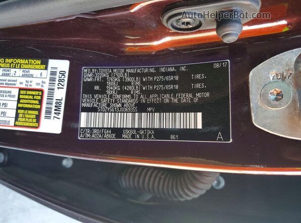 5TDZY5G13JS069355 2018 TOYOTA SEQUOIA Maroon VIN կոդի պիտակի տեսք