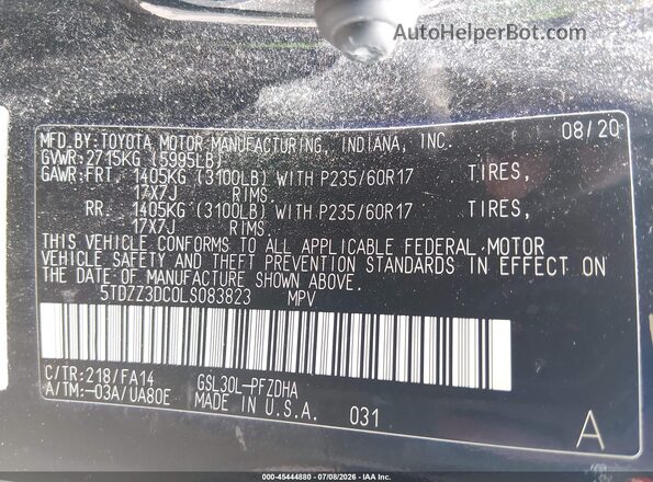 5TDZZ3DC0LS083823 2020 TOYOTA SIENNA Черный Вид подкапотного пространства