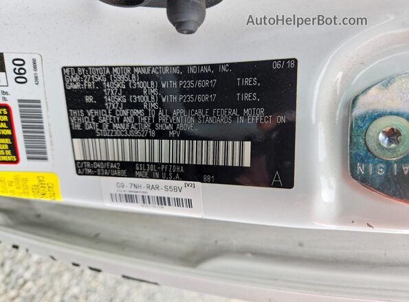 5TDZZ3DC3JS952718 2018 TOYOTA SIENNA White Vista de la etiqueta del VIN
