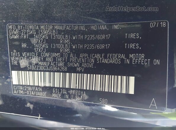 5TDZZ3DC3JS964268 2018 TOYOTA SIENNA Black Vista del compartimento del motor