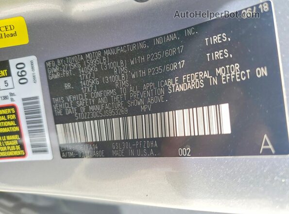 5TDZZ3DC5JS953269 2018 TOYOTA SIENNA Silver Widok naklejki z numerem VIN