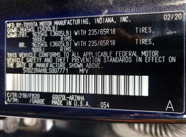 5TDZZRAH8LS007771 2020 TOYOTA HIGHLANDER Черный Вид наклейки с VIN-кодом