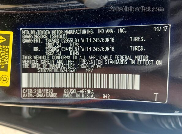 5TDZZRFH0JS243630 2018 TOYOTA HIGHLANDER Black VIN sticker view