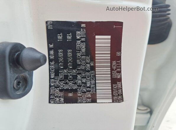 5TDZZRFH0KS311636 2019 TOYOTA HIGHLANDER White Вид наклейки з VIN-кодом