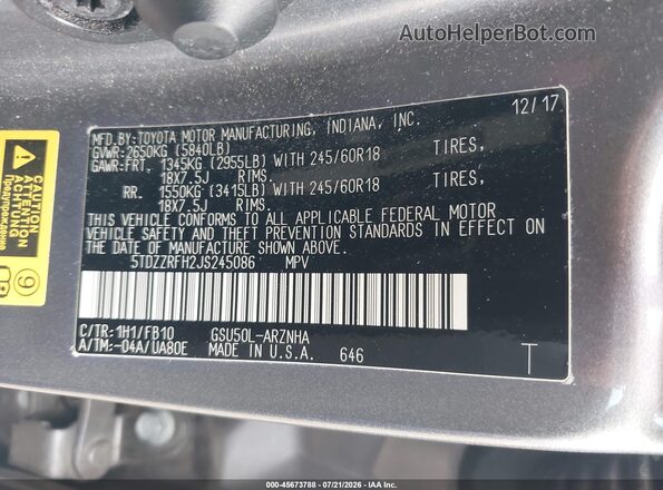 5TDZZRFH2JS245086 2018 TOYOTA HIGHLANDER Gray Вид підкапотного простору