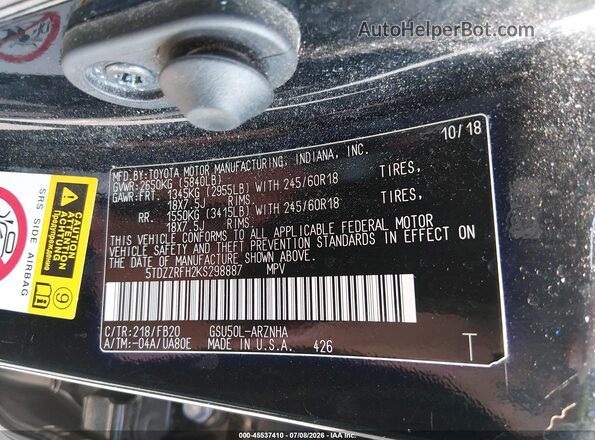 5TDZZRFH2KS298887 2019 TOYOTA HIGHLANDER Синий Вид подкапотного пространства