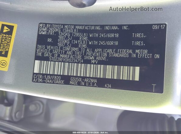 5TDZZRFH3HS234754 2017 TOYOTA HIGHLANDER Gray ძრავის განყოფილების ხედი