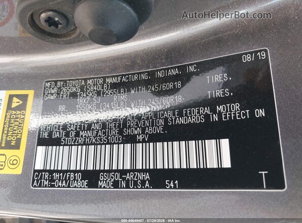 5TDZZRFH7KS351003 2019 TOYOTA HIGHLANDER Gray Շարժիչի բաժամունքի տեսք