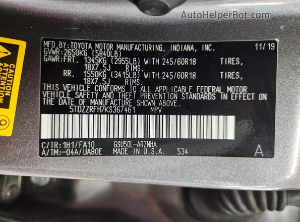 5TDZZRFH7KS367461 2019 TOYOTA HIGHLANDER Серый Вид наклейки с VIN-кодом