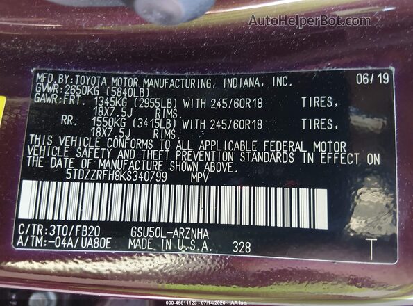 5TDZZRFH8KS340799 2019 TOYOTA HIGHLANDER Red Вид підкапотного простору