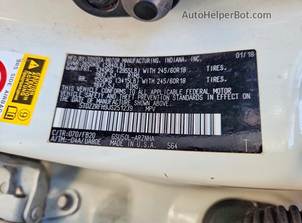 5TDZZRFH9JS251239 2018 TOYOTA HIGHLANDER White Вид підкапотного простору
