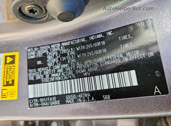 5TDZZRFH9KS367476 2019 TOYOTA HIGHLANDER Charcoal VIN sticker view