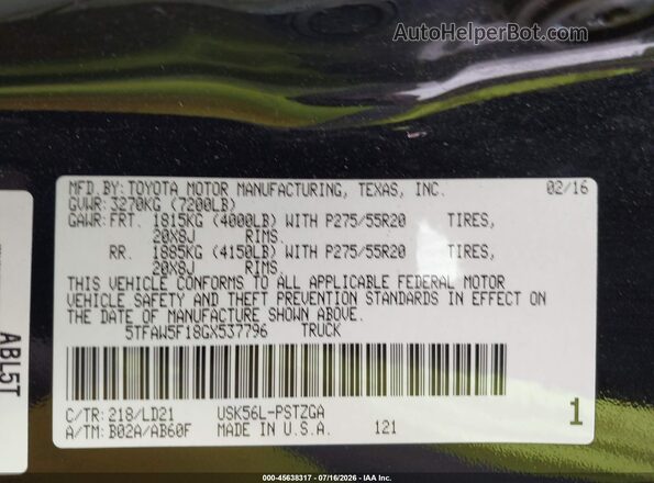 5TFAW5F18GX537796 2016 TOYOTA TUNDRA Black Widok komory silnika