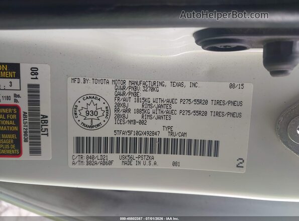 5TFAY5F10GX492847 2016 TOYOTA TUNDRA White Engine compartment view