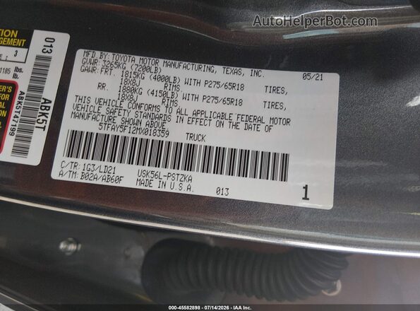5TFAY5F12MX018359 2021 TOYOTA TUNDRA Gray Շարժիչի բաժամունքի տեսք