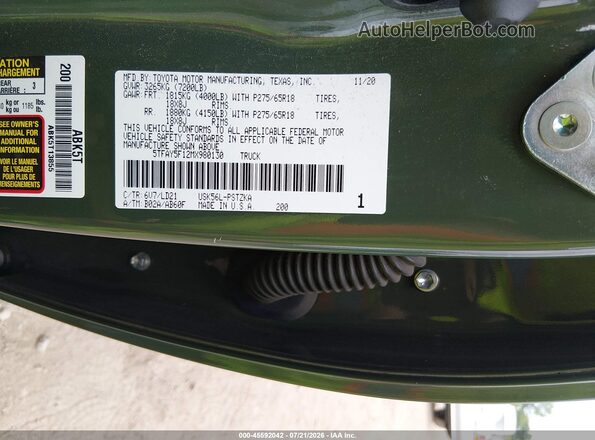 5TFAY5F12MX980130 2021 TOYOTA TUNDRA Green Вид підкапотного простору