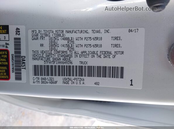 5TFAY5F1XHX649396 2017 TOYOTA TUNDRA White Engine compartment view