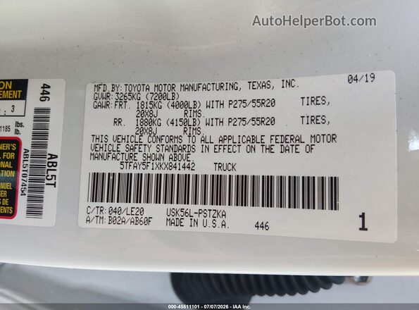 5TFAY5F1XKX841442 2019 TOYOTA TUNDRA Белый Вид подкапотного пространства