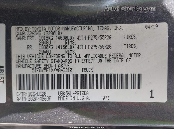 5TFAY5F1XKX843210 2019 TOYOTA TUNDRA Серый Вид подкапотного пространства
