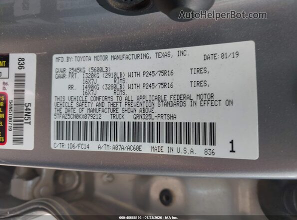 5TFAZ5CN0KX079212 2019 TOYOTA TACOMA Серый Вид подкапотного пространства